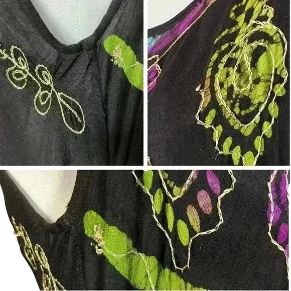 Boho Black Colorful Embroidered Semi Sheer Dress. Made in India. One Size. - Picture 12 of 12